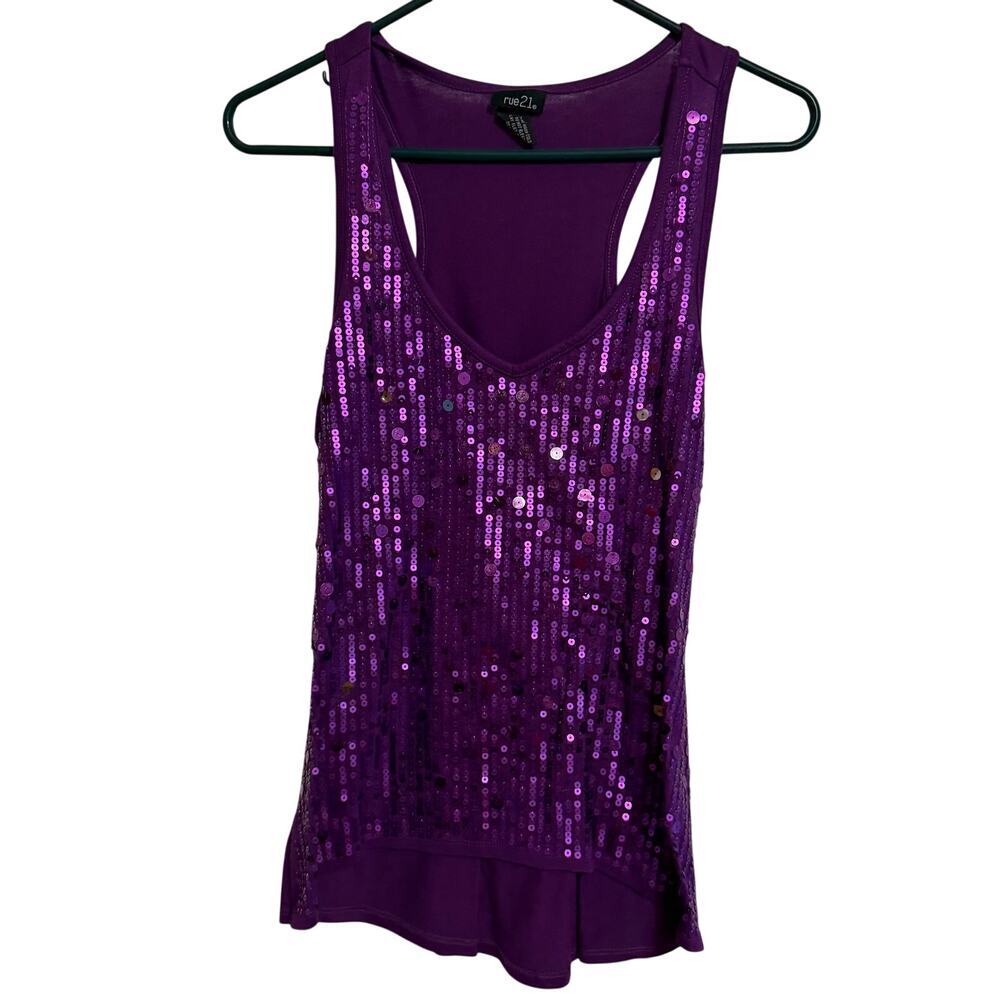 Colorful festive purple rhinestone nightlife tank top sz M Rue 21 dressy colorfl